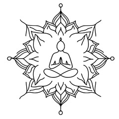 Outline vector illustration of meditating figure surrounded by leaves, mandala, india