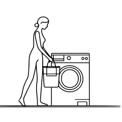 Woman walking towards washing machine with laundry basket in hand - Concept of single line outline vector  