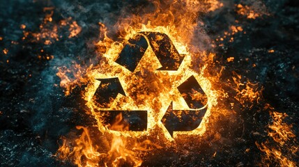 Burning recycling symbol on a dark ground.