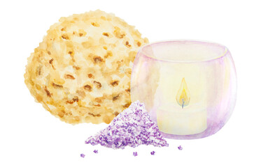 Yellow sea sponge, salt and violet glass candlestick with candle, vase. Watercolor hand drawn illustration. Natural eco product for body washing and selfcare. Washcloth for sauna, spa salon and shower