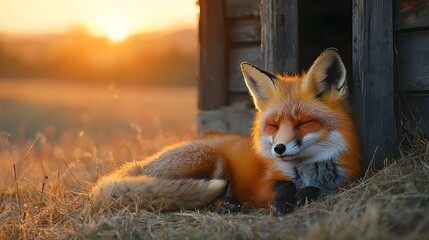 A peaceful fox resting near an old wooden barn at sunset