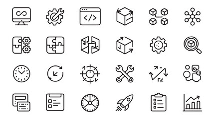 Minimalist line icon set representing development business and process concepts.