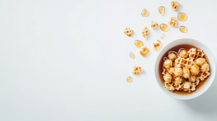 Delicious Sweet Treat of Popcorn and Miniature Waffles in Bowl with Syrup on White Background for Food Photography