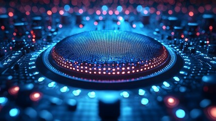 Futuristic neon speaker pulsing with sound waves and deep bass beats