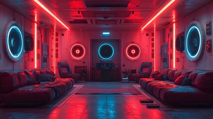 Futuristic space station lounge with neon blue speakers in zero gravity