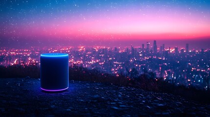 Glowing neon speaker overlooking a vibrant cityscape at night