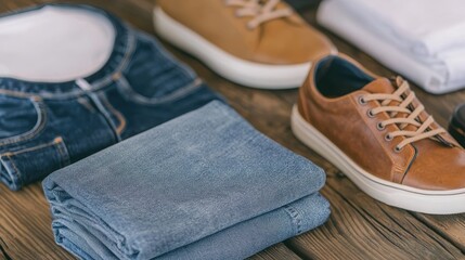 Casual Fashion Essentials Flat Lay of Denim and Footwear in Neutral Tones
