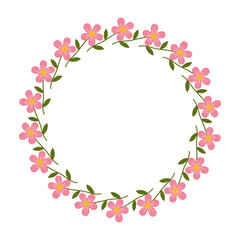 Hand drawn floral wreath with pink flowers and leaves in flat style. Circular botanical frame on white background.