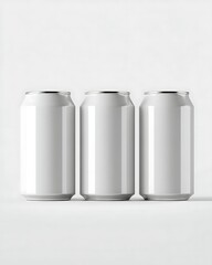 Empty aluminum cans, no labels, arranged on a white background, advertising style.