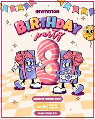 birthday invitation with groovy characters gifts with bow and number 8, with funny balloons and handwritten text