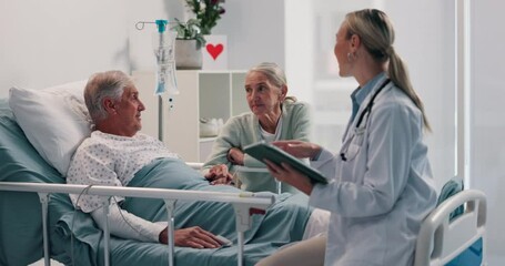 Senior couple, patient and doctor with tablet on hospital bed for diagnosis or medical results. Elderly man, woman and healthcare worker consulting with technology for health treatment or recovery - Powered by Adobe