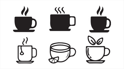 Hot Beverage Cup Icon Set – Black and White Vector Illustrations of Coffee and Tea Cups. Victor illustration eps 10