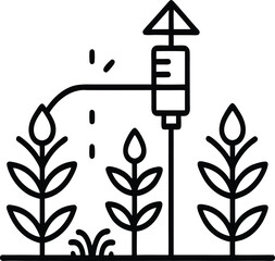 A minimalist black and white icon of an agricultural irrigation system. The icon shows a sprinkler or overhead irrigation head spraying water.