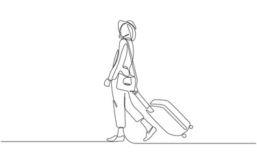 Continuous line drawing of traveler woman with luggage. Single one line art sketch editable stroke concept of tourist walking with suitcase. Vector illustration.