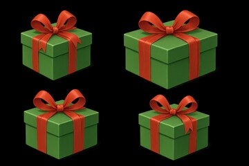 Fototapeta premium green boxes with red bows and ribbon isolated on transparent background.