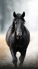 Obraz premium Black horse running through misty forest path during early morning light near a tranquil countryside