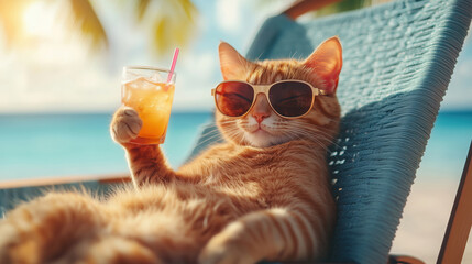 Funny cat in sunglasses holding drink on beach chair
