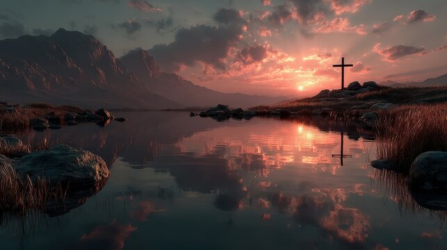 Sunset reflection over a serene lake with a cross and mountainous backdrop near a tranquil landscape