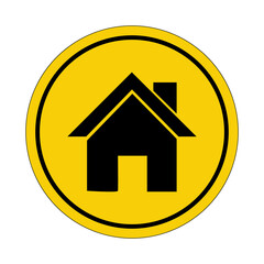 Real estate. Residential area. House. Yellow circle sticker. Warning icon. Sign yellow. Circle label.