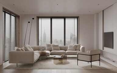 Modern contemporary living room with kitchen and dining room. Luxurious apartment background with contemporary design. Modern interior design with sofa and TV wall. Panoramic windows. 3D render.