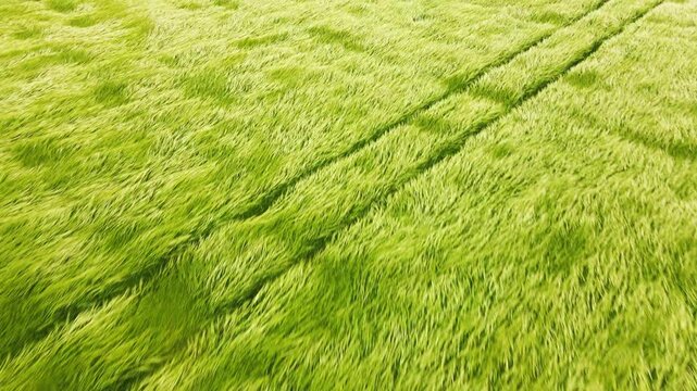 Aerial drone view of lush green grass field swaying in the wind like ocean waves. Peaceful natural scene showcasing movement and tranquility in nature.