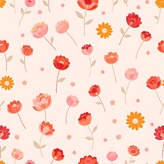 Seamless pattern of tiny red flowers in various shades and species
