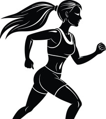 Silhouette of a female athlete running with hair blown back in a dynamic pose