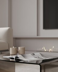 Close-up of glass coffee table in natural beige living room interior with a couch