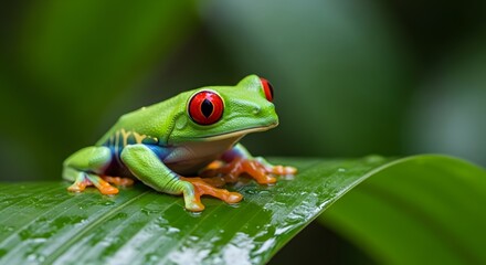 Naklejka premium Vibrant Red-Eyed Tree Frog on Lush Green Leaf