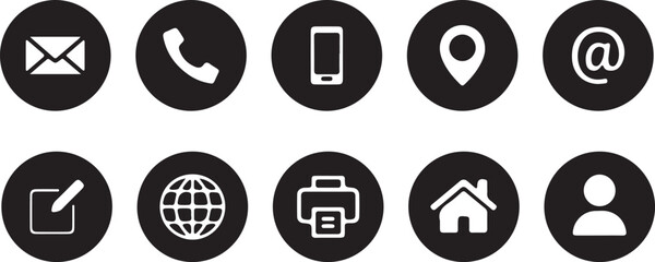 Basic contacts icon 2025. Electronic mail, call, location, mobile, globe, edit, home, fax & user profile. round vector icons.