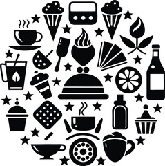 A delightful collection of black and white food and drink icons arranged in a circular pattern