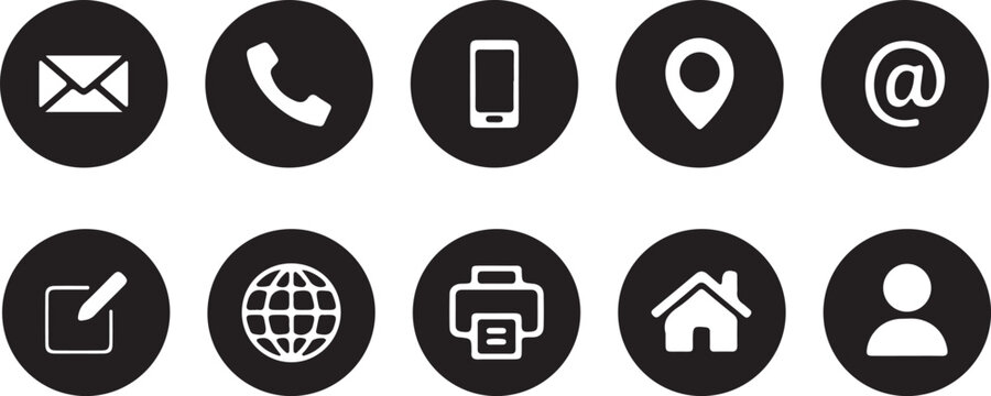 Basic contacts icon 2025. Electronic mail, call, location, mobile, globe, edit, home, fax & user profile. round vector icons.