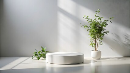 Minimalist white product display with greenery