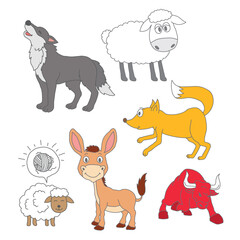 Cute Cartoon Farm and Forest Animals – Wolf, Sheep, Donkey, Fox, and Bull in Hand Drawn Style for Kids, Education, and Animal Character Design