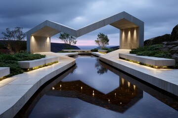 Fototapeta premium An innovative and minimalistic water feature surrounded by gardens, presenting a blend of architecture and nature, reflecting serenity and modern aesthetics.