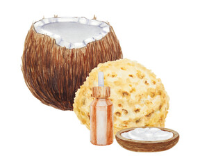 Watercolor illustration of tropical spa elements including coconut, natural sponge, essential oil bottle, and coconut cream. Ideal for wellness, skincare, natural beauty, and self-care themes.
