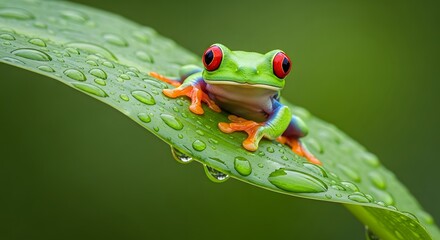 Vibrant Red-Eyed Tree Frog on Dew-Covered Leaf