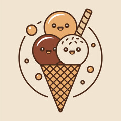 Cute Ice Cream Cone with Kawaii Faces Cartoon Illustration