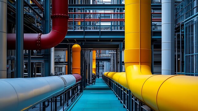Colorful Industrial Piping System with Blue Walkway