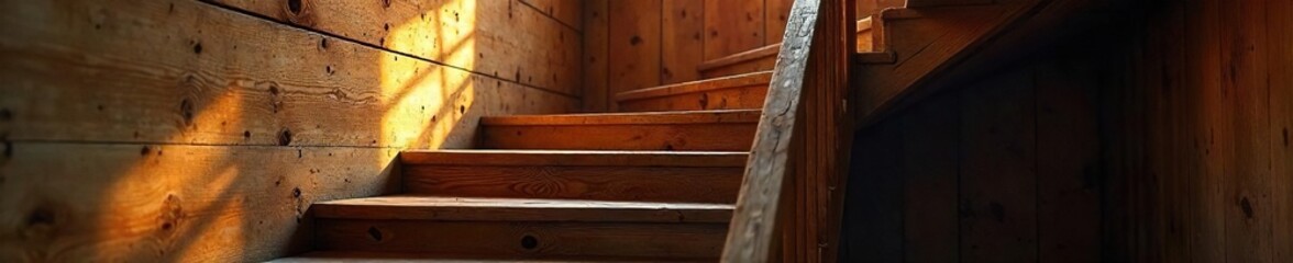 Rustic wooden staircase ascending to an unseen upper level, bathed in warm, natural light The wood shows beautiful grain and texture, highlighting its age and craftsmanship , house, old wood