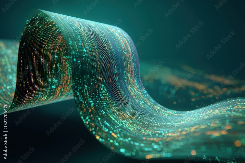 Poster abstract flowing ribbon with glowing particles on a dark teal background in a digital art style