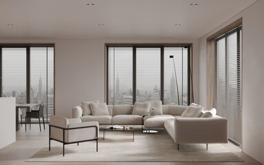 Modern contemporary living room with kitchen and dining room. Luxurious apartment background with contemporary design. Modern interior design with sofa and TV wall. Panoramic windows. 3D render.