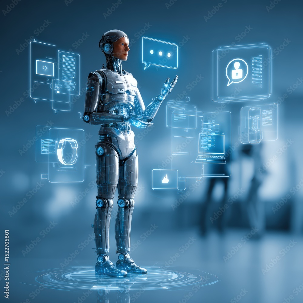Poster a futuristic robot standing with holographic interfaces surrounding it in a modern blue setting