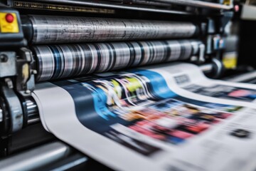 Detailed view of printing press rollers with colorful magazine in motion.