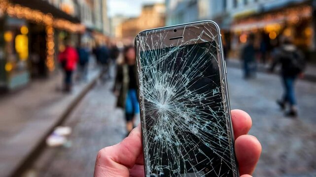 Closeup of cracked smartphone screen in vibrant urban setting with blurred pedestrians