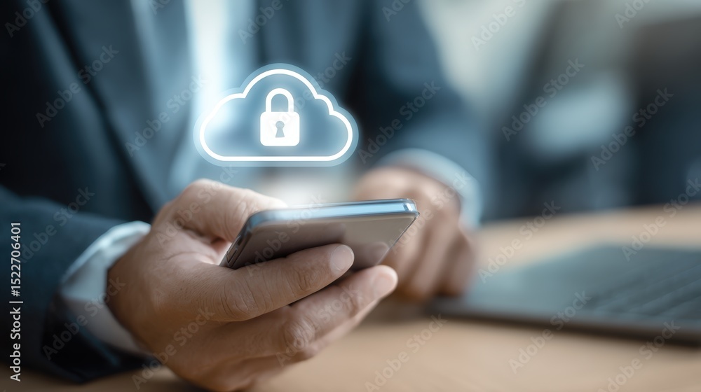 Poster man holding smartphone with cloud security icon hovering above it in a business setting view