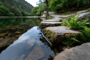 Fototapeta premium A picturesque rocky shoreline invites exploration, with clear waters revealing pebbles below and lush greenery giving a sense of peace and connection with nature.