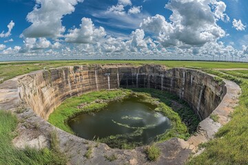 Naklejka premium Aerial view of a circular abandoned quarry filled with water, surrounded by flat grasslands under a dramatic cloudy sky.