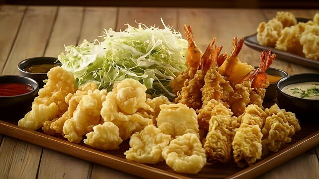 Golden Fried Seafood and Shredded Cabbage on Wooden Tray with Assorted Sauces Against a Rustic Wood Backdrop
