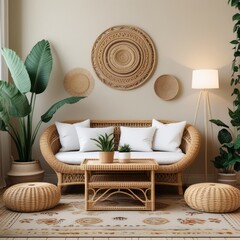 Beige wicker furniture in a light room with plants and wall art